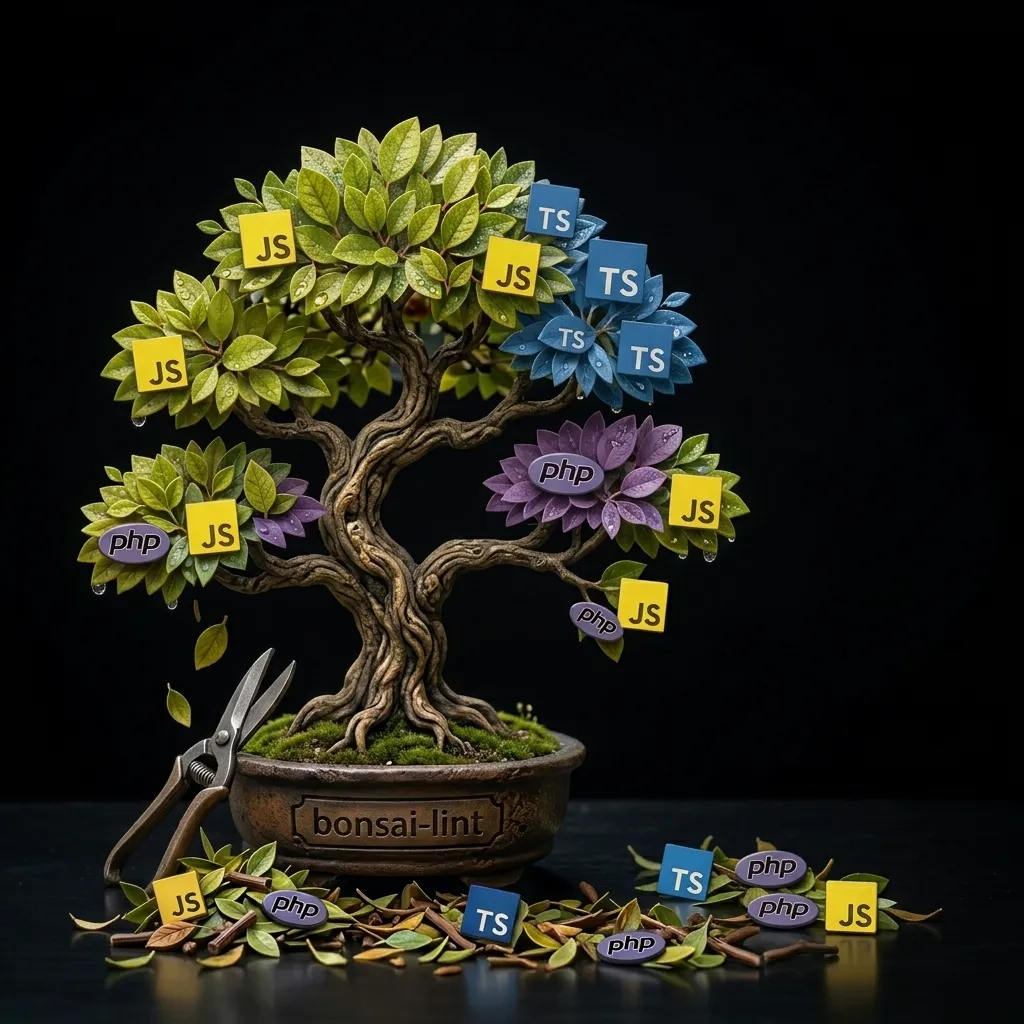 A bonsai tree whose leaves are JavaScript, TypeScript and PHP logos, with pruning shears beside the pot and trimmed leaves scattered below