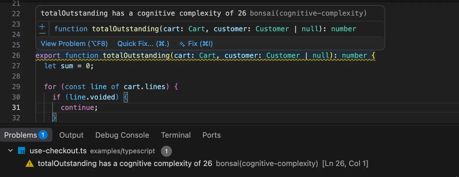 A cognitive complexity warning underlining a TypeScript function name, with the Problems panel showing one diagnostic
