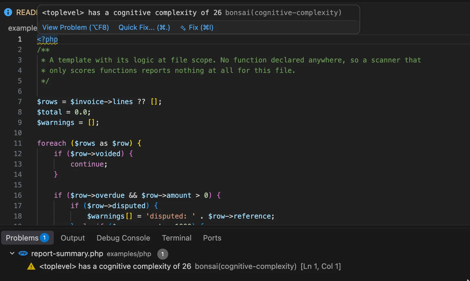 A cognitive complexity warning on a PHP template whose logic sits at file scope, reported as <toplevel>